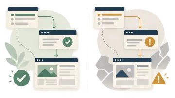Comparación visual entre un enlace de llms.txt que coincide con su página y otro que muestra una advertencia de desactualización