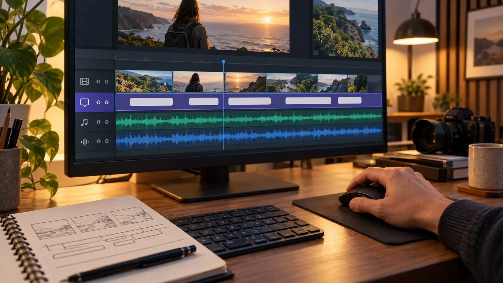 Editora revisando timeline con subtítulos en español en programa de edición de video