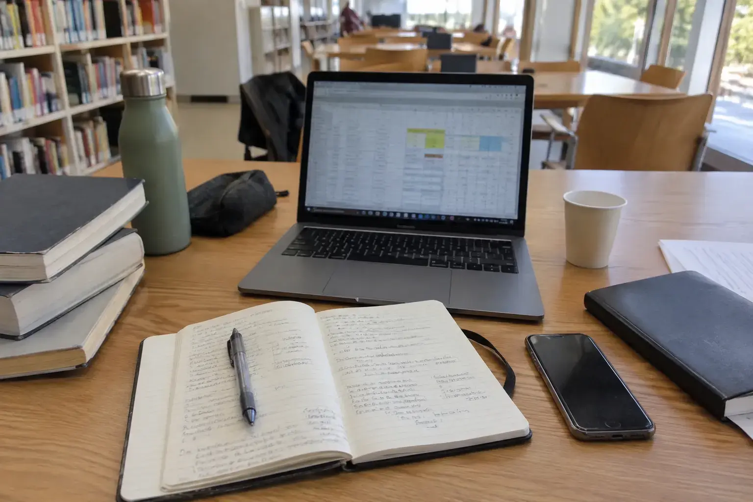Cuaderno de estudio y portátil con una hoja de cálculo en una biblioteca; imagen editorial creada para esta guía.