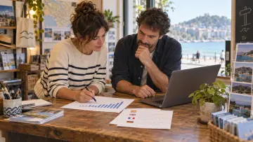 Equipo de pequeño comercio turístico en Donostia revisando previsiones de demanda con herramientas de IA.