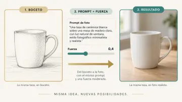 Diagrama de imagen a imagen: boceto de una taza a la izquierda, controles de prompt y fuerza en el centro, foto realista resultante a la derecha