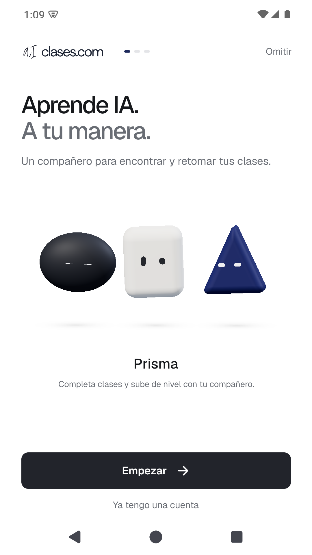 Pantalla de bienvenida de AIClases en Android con los tres compañeros de aprendizaje.