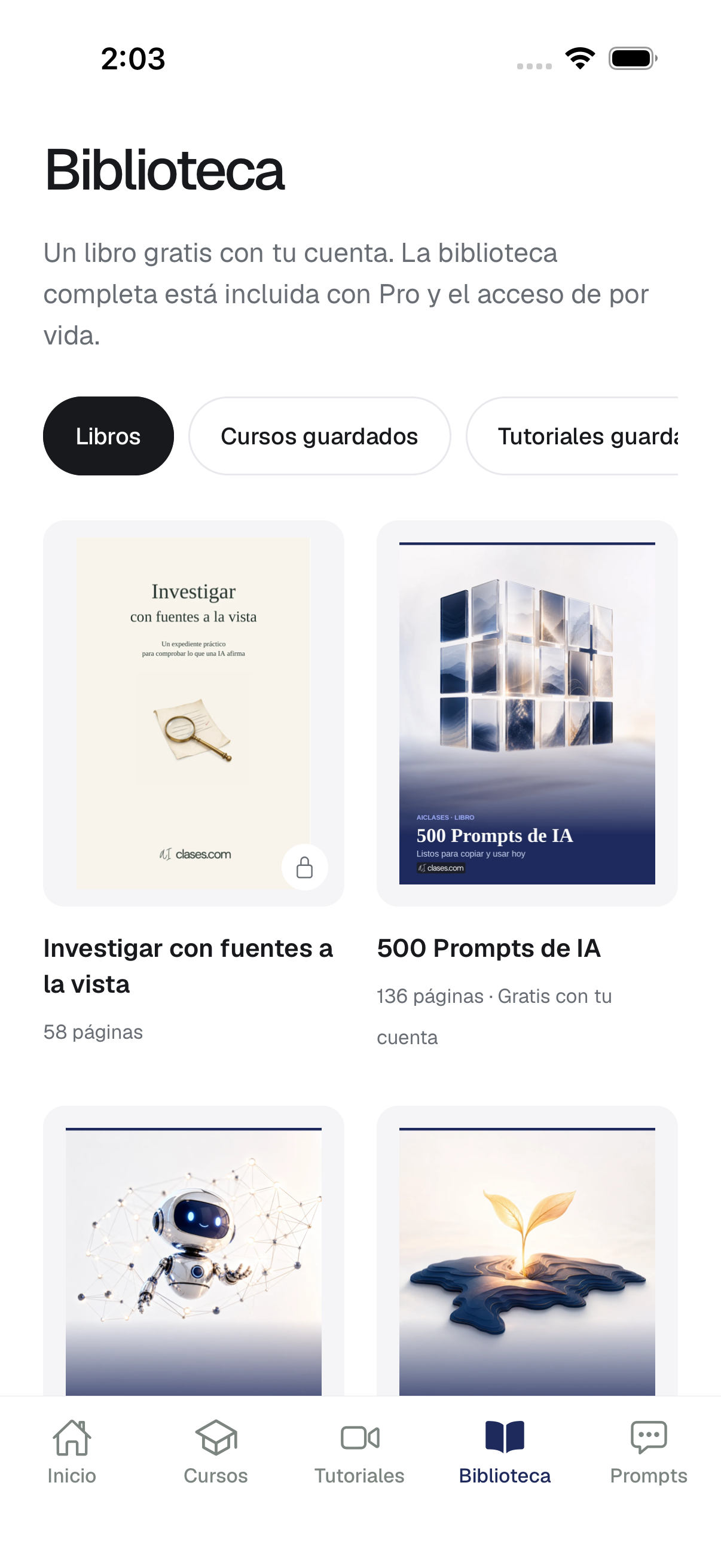 Biblioteca de la app AIClases con libros de investigación y prompts.