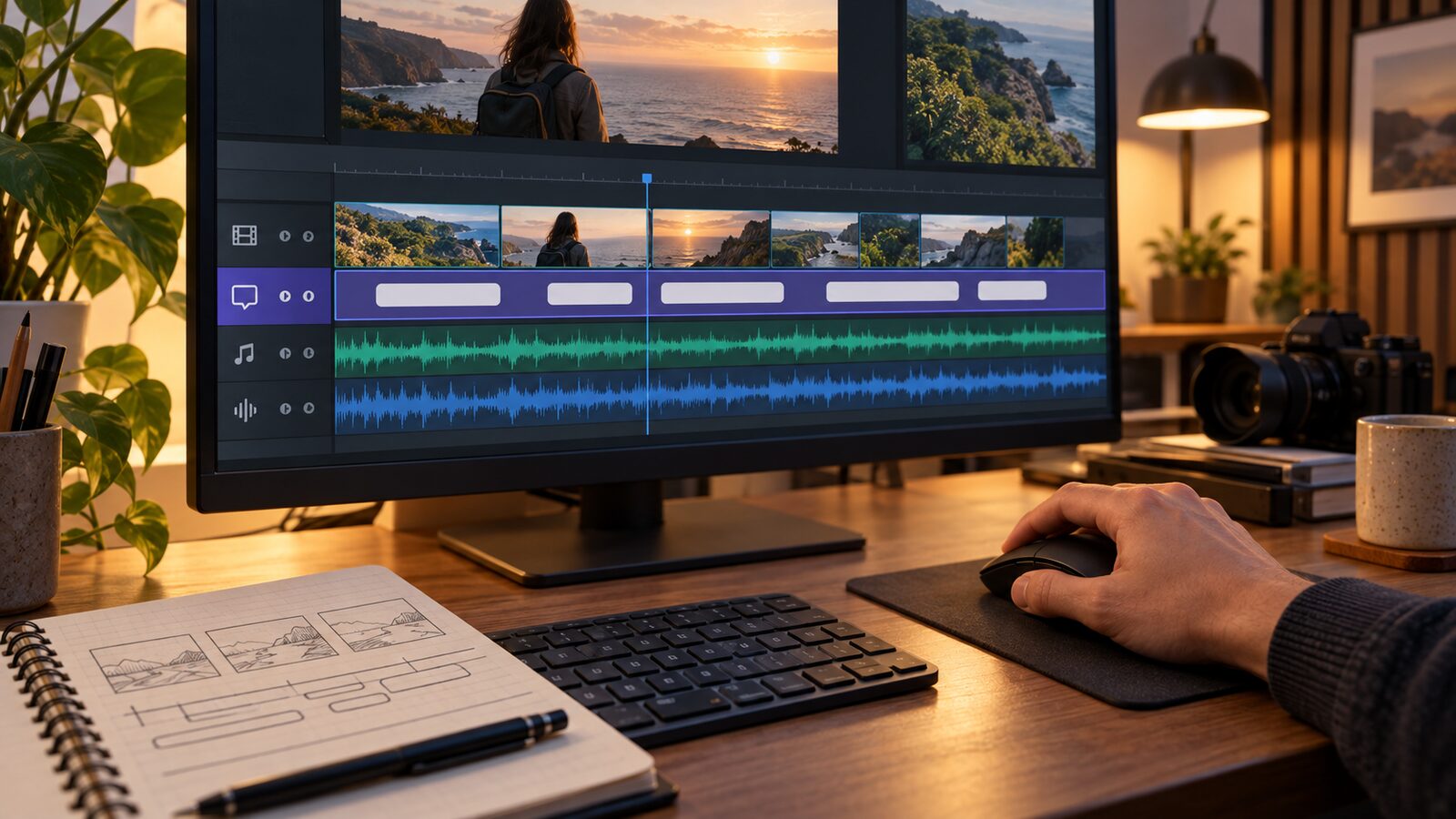 Editora revisando timeline con subtítulos en español en programa de edición de video