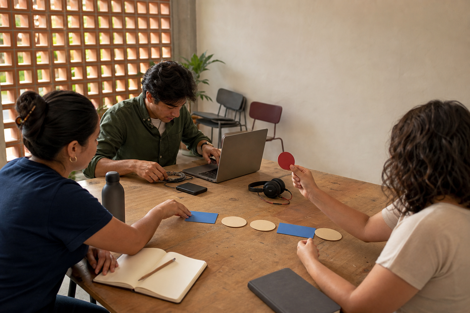 Tres personas adultas realizan un ejercicio práctico sobre agentes de IA con tarjetas en blanco, una computadora y herramientas de trabajo en un aula contemporánea de México.