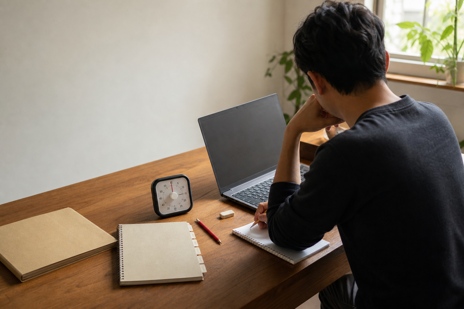 Persona adulta practicando con un portátil sin marca junto a un temporizador, útiles de revisión y un cuaderno con ocho separadores.