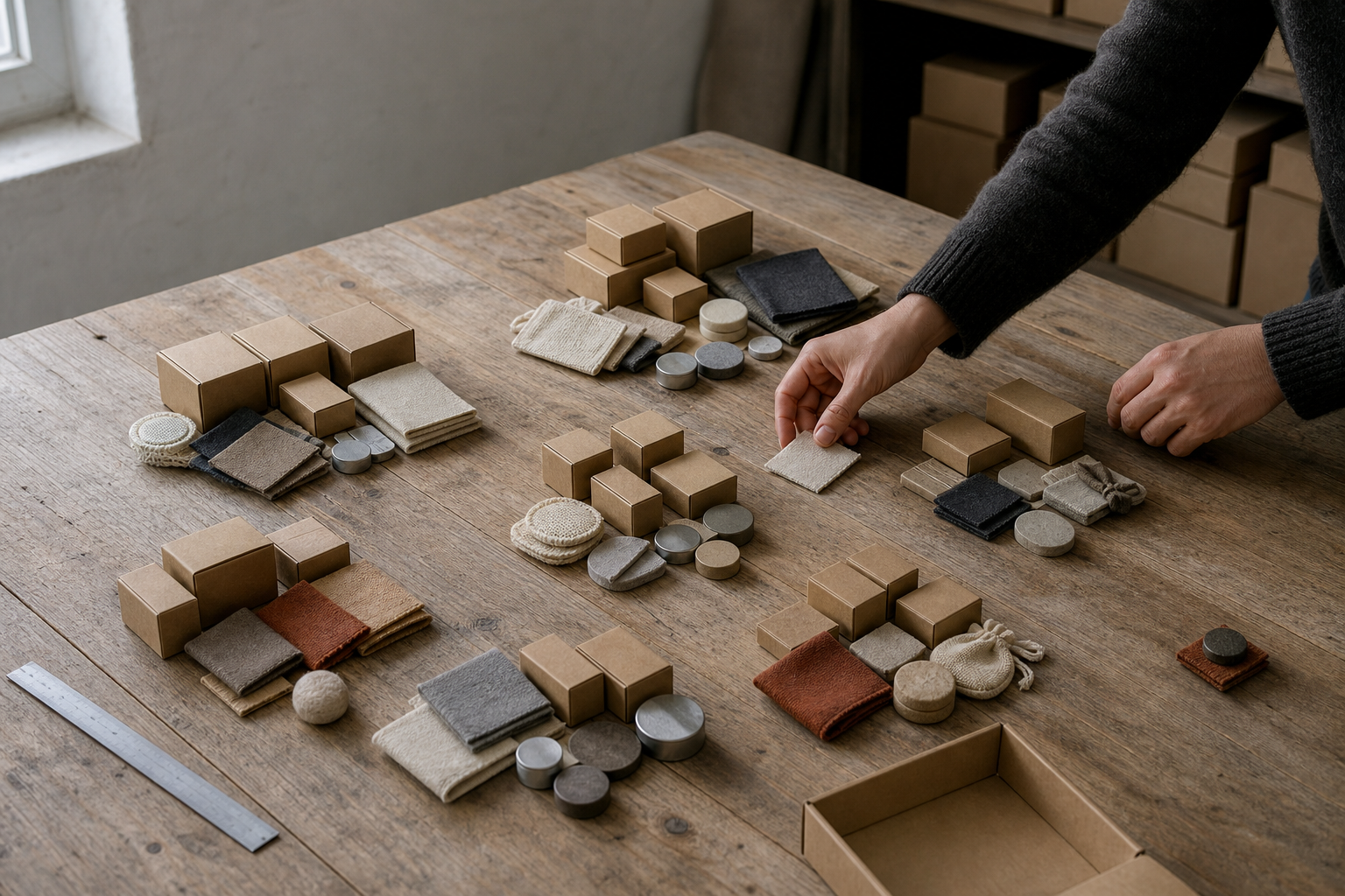 Mesa de trabajo con muestras de pedidos sin etiquetas organizadas en cinco grupos y una pieza aislada, como metáfora del aprendizaje no supervisado.
