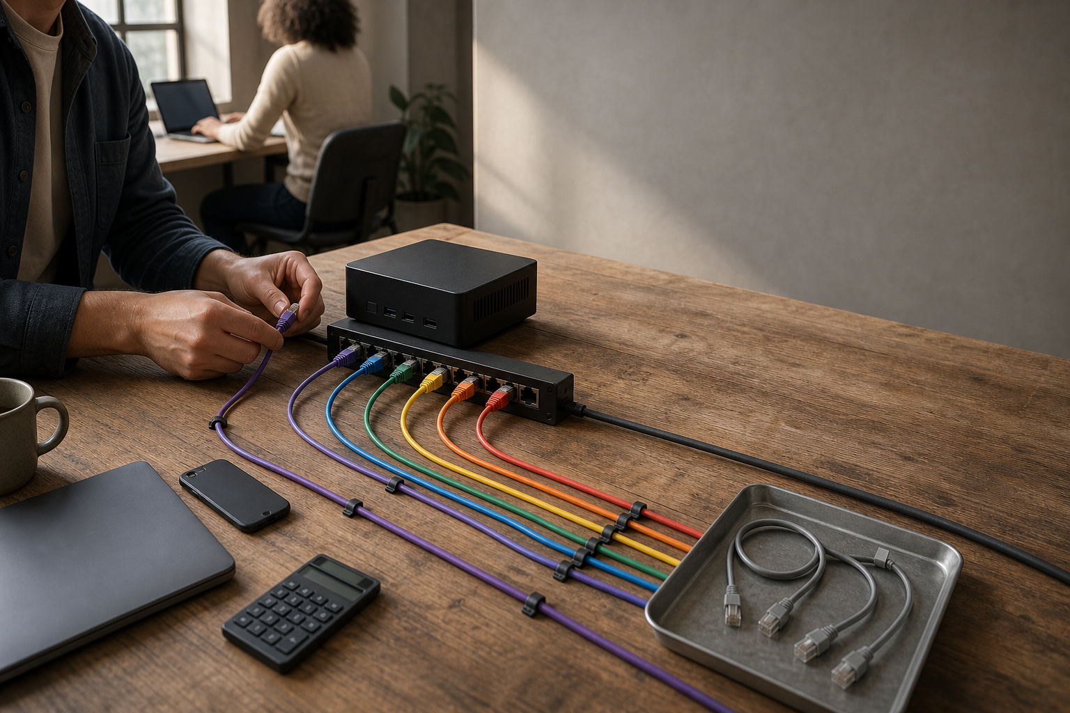 Composición conceptual de seis cables de red que atraviesan un puesto de marketing y pasan por una revisión manual, con tres conexiones descartadas a un lado.