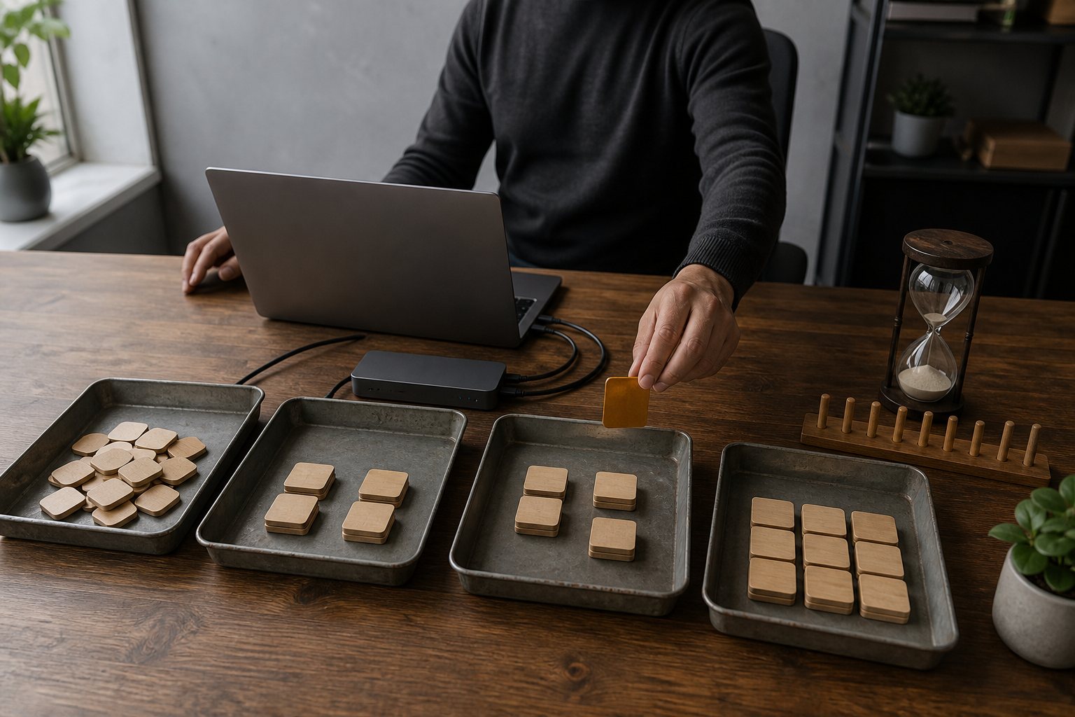 Unas manos revisan una pieza de color ámbar entre bandejas y piezas de madera que representan las etapas de un flujo de trabajo automatizado.