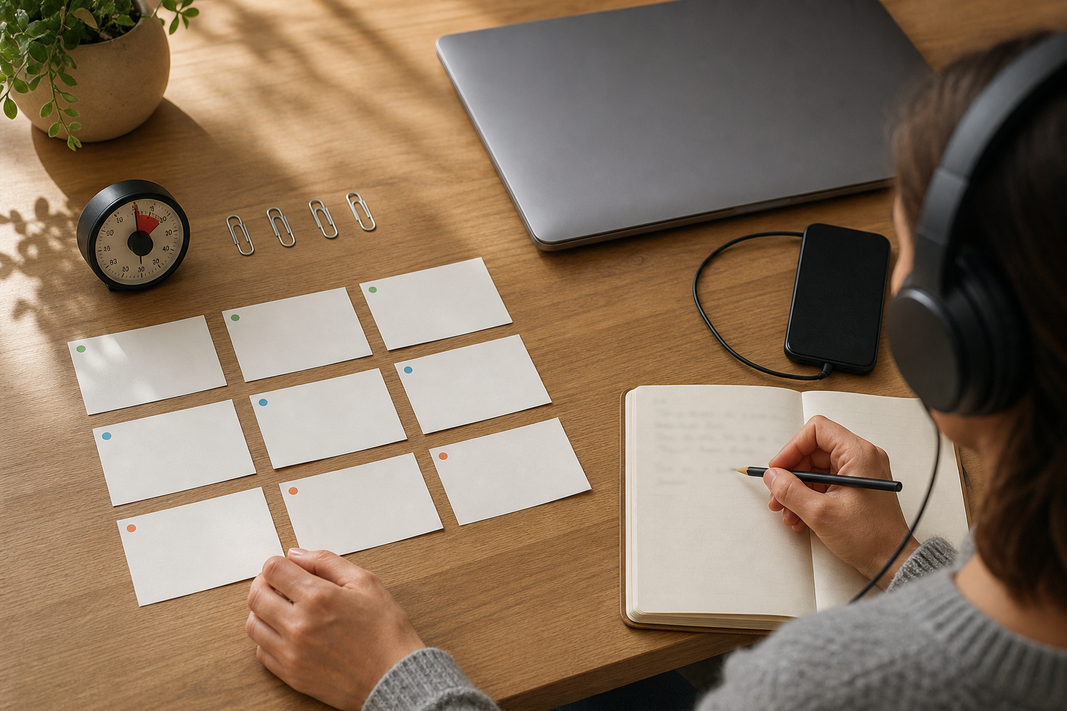 Persona con auriculares organiza nueve fichas en un escritorio mientras prepara notas para un plan de escucha de podcasts sobre IA.