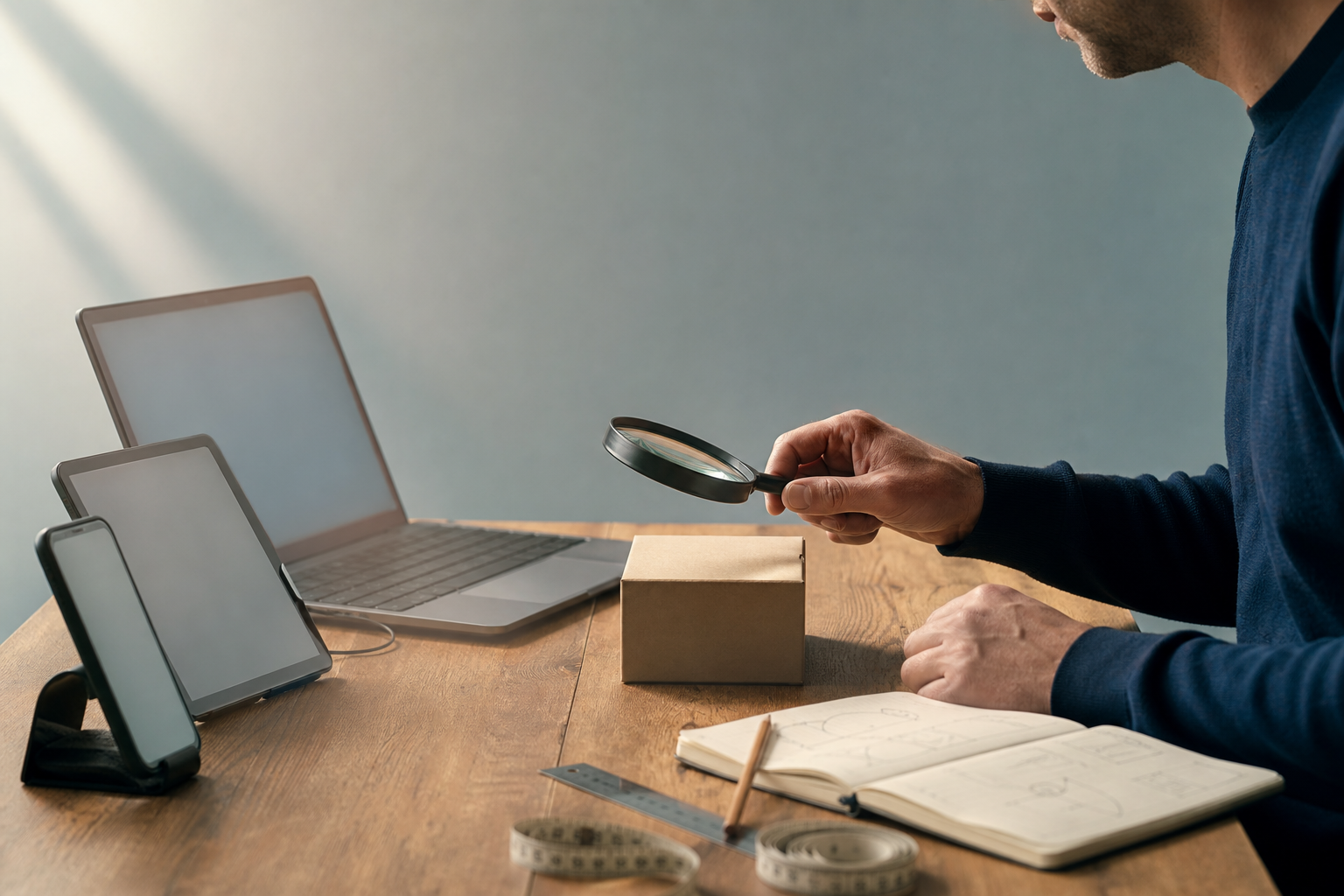 Una estratega compara tres dispositivos sin interfaces visibles y revisa con una lupa un producto neutro antes de anotar sus conclusiones.