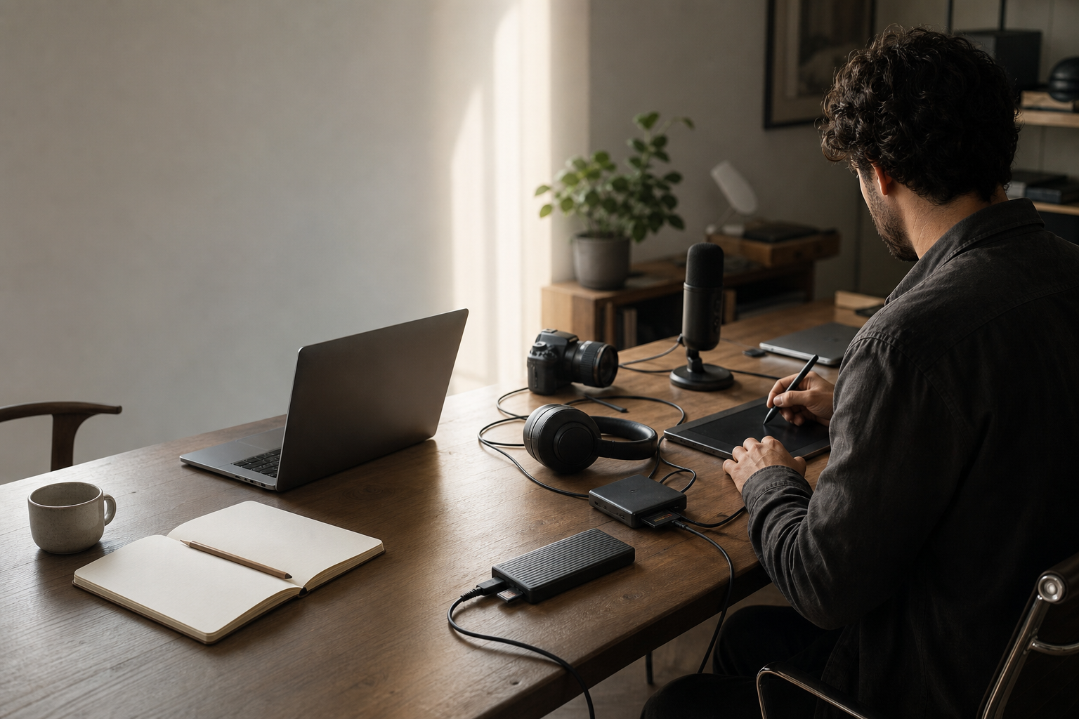 Díptico conceptual de una profesional con un portátil: a la izquierda, un uso ocasional; a la derecha, un flujo intensivo con auriculares, micrófono y almacenamiento externo.