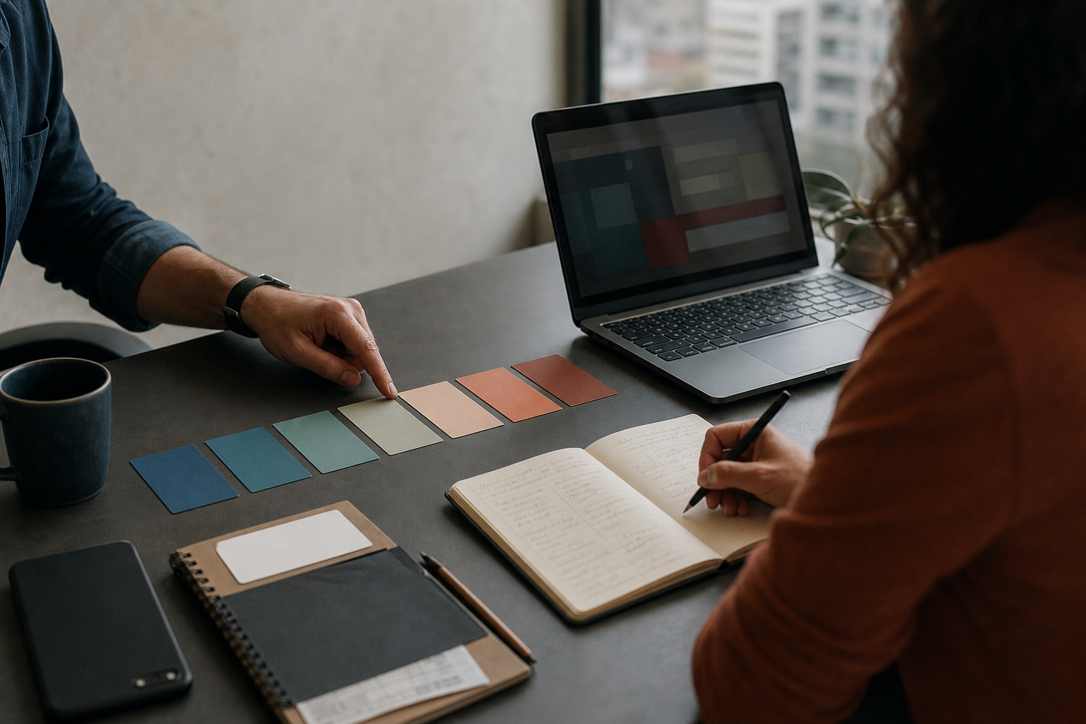 Dos profesionales revisan en una mesa un flujo de trabajo con tarjetas de colores, notas protegidas y un portátil de pantalla abstracta.