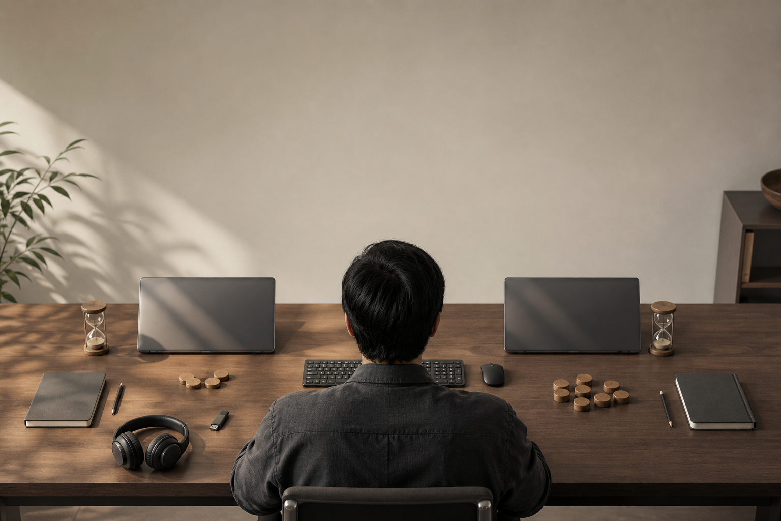 Una profesional vista de espaldas compara dos portátiles sin marca en una mesa preparada como una prueba A/B de trabajo.