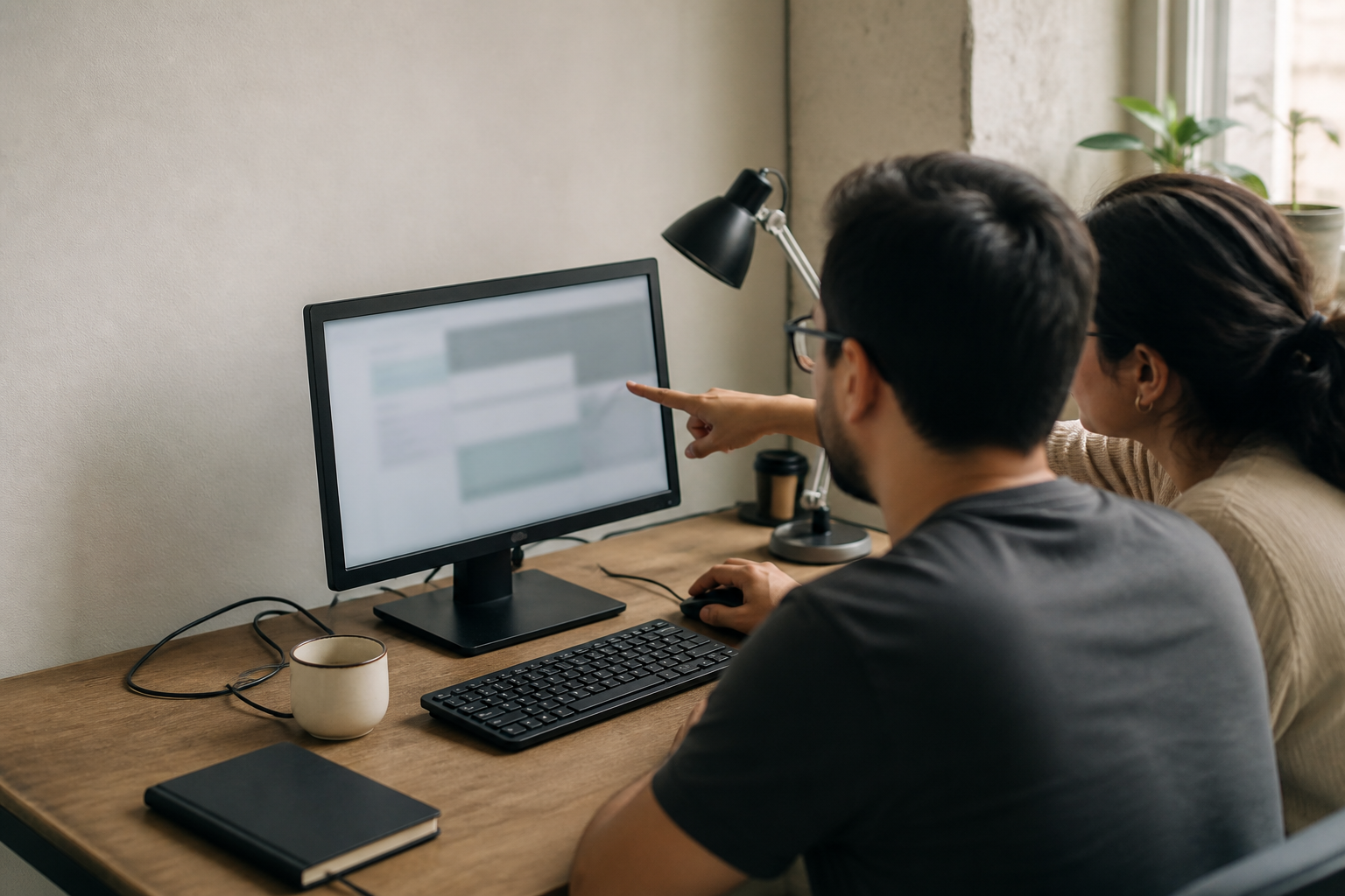 Dos desarrolladores observan un monitor desenfocado en una oficina pequeña, en una representación conceptual de una revisión automática seguida por validación humana.