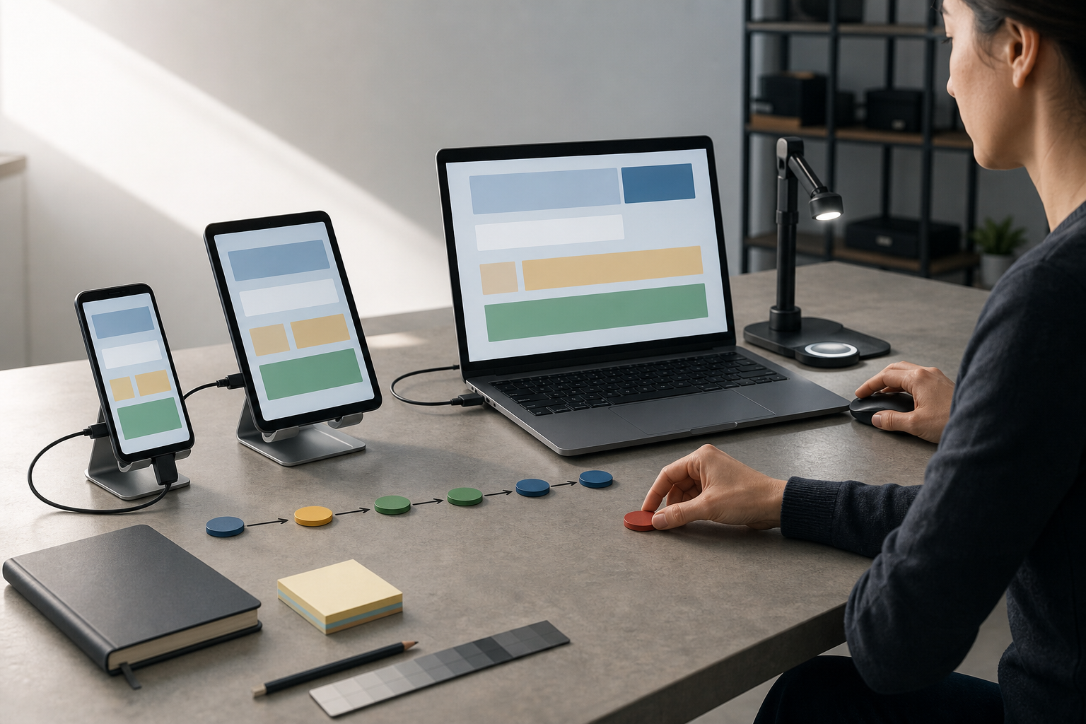 Una profesional revisa un flujo de pruebas web en un portátil, una tableta y un teléfono, con fichas físicas que representan automatización, supervisión humana y un fallo detectado.