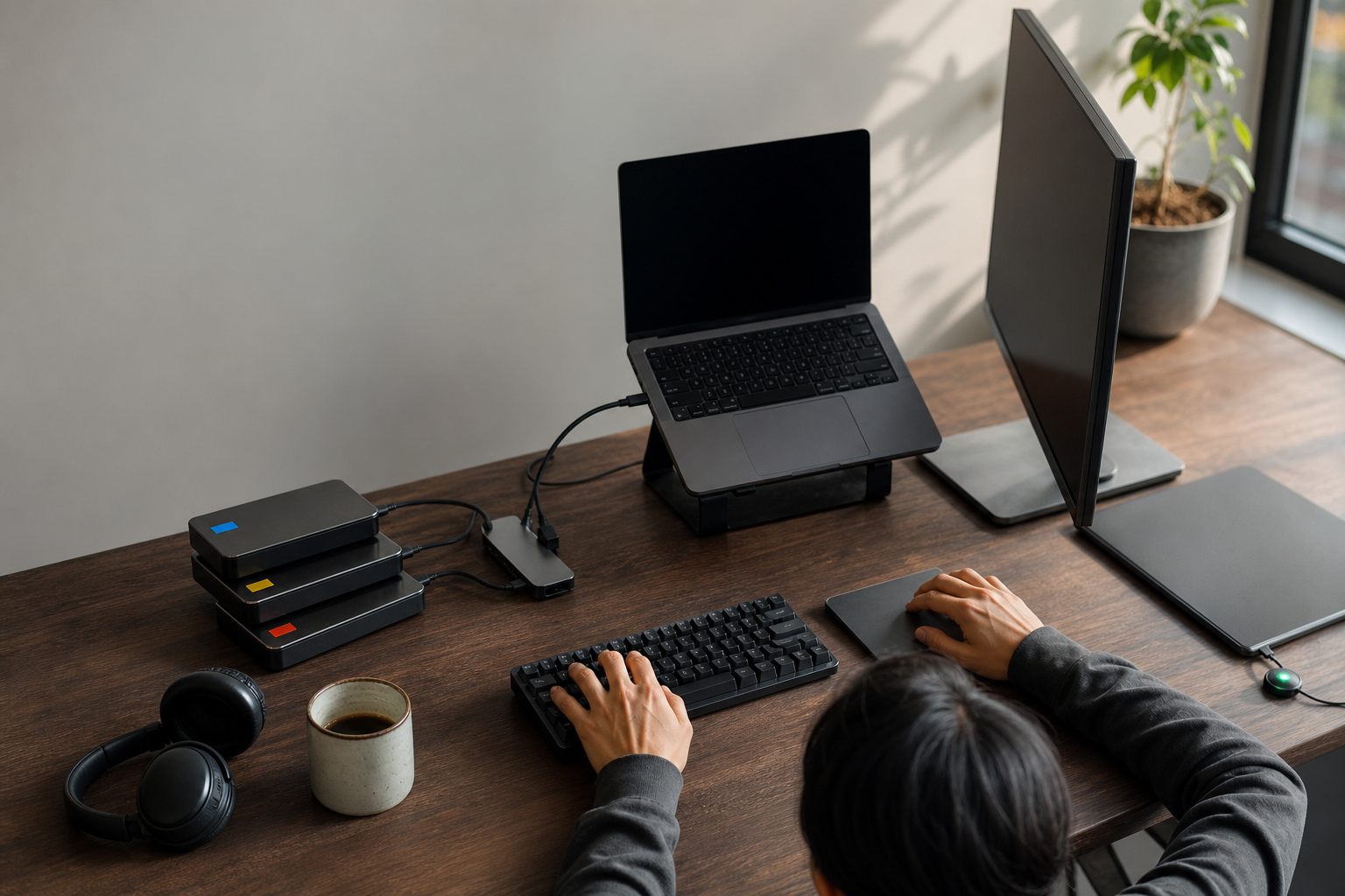 Escena editorial de una persona trabajando entre un teclado, un portátil y un monitor de perfil, con dispositivos de prueba que sugieren un flujo de programación, revisión y validación.