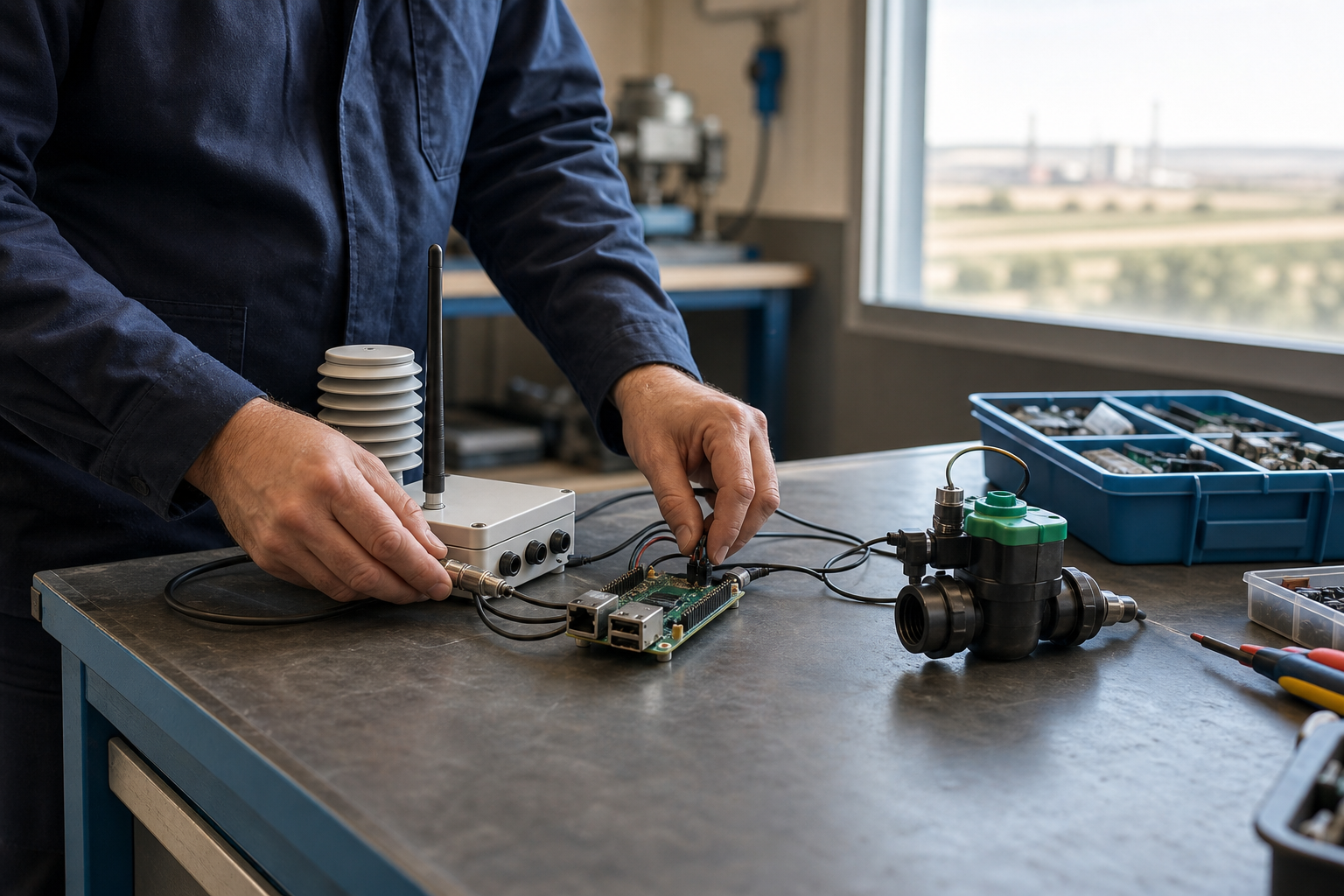 Escena editorial conceptual de una persona conectando un sensor ambiental en un aula-taller, sobre una mesa con componentes técnicos y una pieza de riego agrícola, como metáfora de la formación en IA aplicada en Albacete.