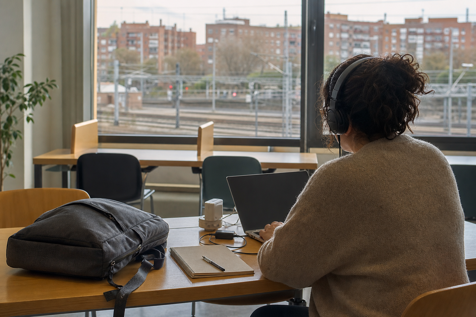 Escena editorial conceptual de una persona adulta estudiando inteligencia artificial en línea en un espacio de aprendizaje del sur de Madrid, con puestos vacíos y un entorno urbano desenfocado.