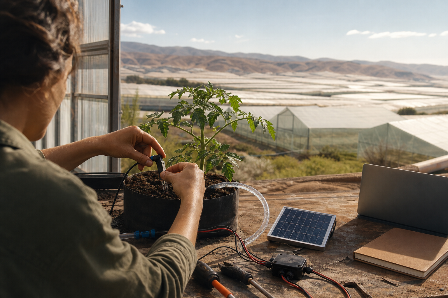 Manos de una persona conectan un sensor de humedad junto a una planta de tomate, un tubo de riego y un pequeño panel solar en un espacio de aprendizaje; al fondo se intuyen invernaderos bajo la luz seca del paisaje almeriense.