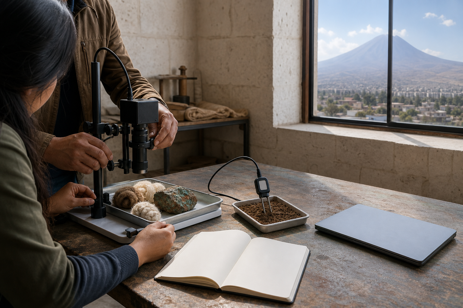 Concepto editorial de aprendizaje aplicado de inteligencia artificial en Arequipa: personas adultas no identificables trabajan con sensores, fibra de alpaca, una muestra de mineral y una sonda de suelo en un aula-taller, con el Misti al fondo.