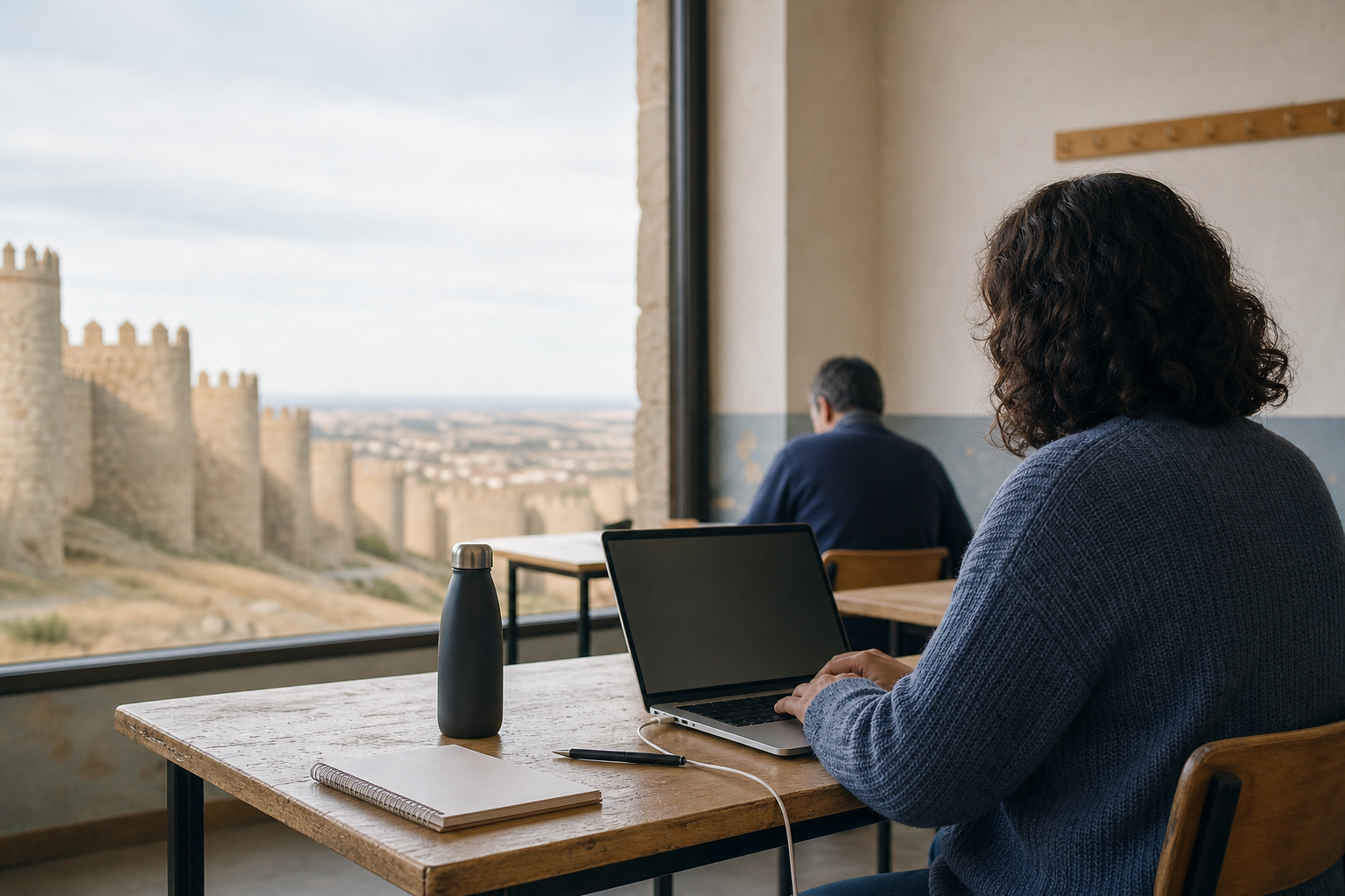 Ilustración editorial conceptual: una persona adulta estudia con un portátil sin marcas en un aula de formación, mientras las murallas de piedra de Ávila se distinguen al fondo por una ventana.