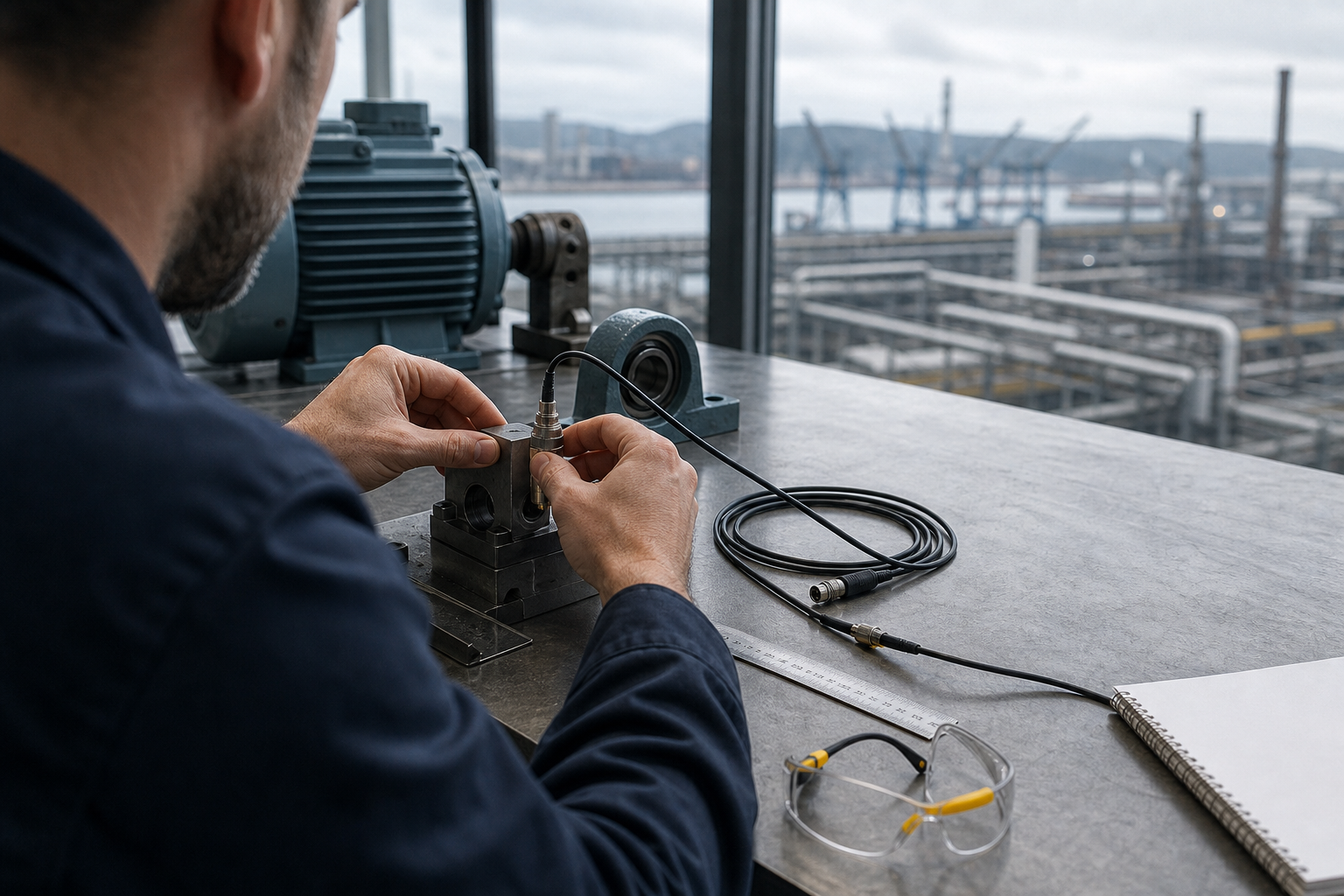 Imagen conceptual de una persona adulta no identificable conectando un sensor sin marca a una pieza de acero en un aula-taller, con un paisaje industrial portuario desenfocado al fondo.