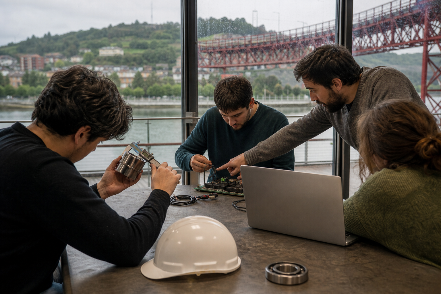Ilustración conceptual de estudiantes adultos en un aula-taller junto a la ría de Bilbao, trabajando con una pieza mecanizada y sensores como ejemplo de formación aplicada en inteligencia artificial.
