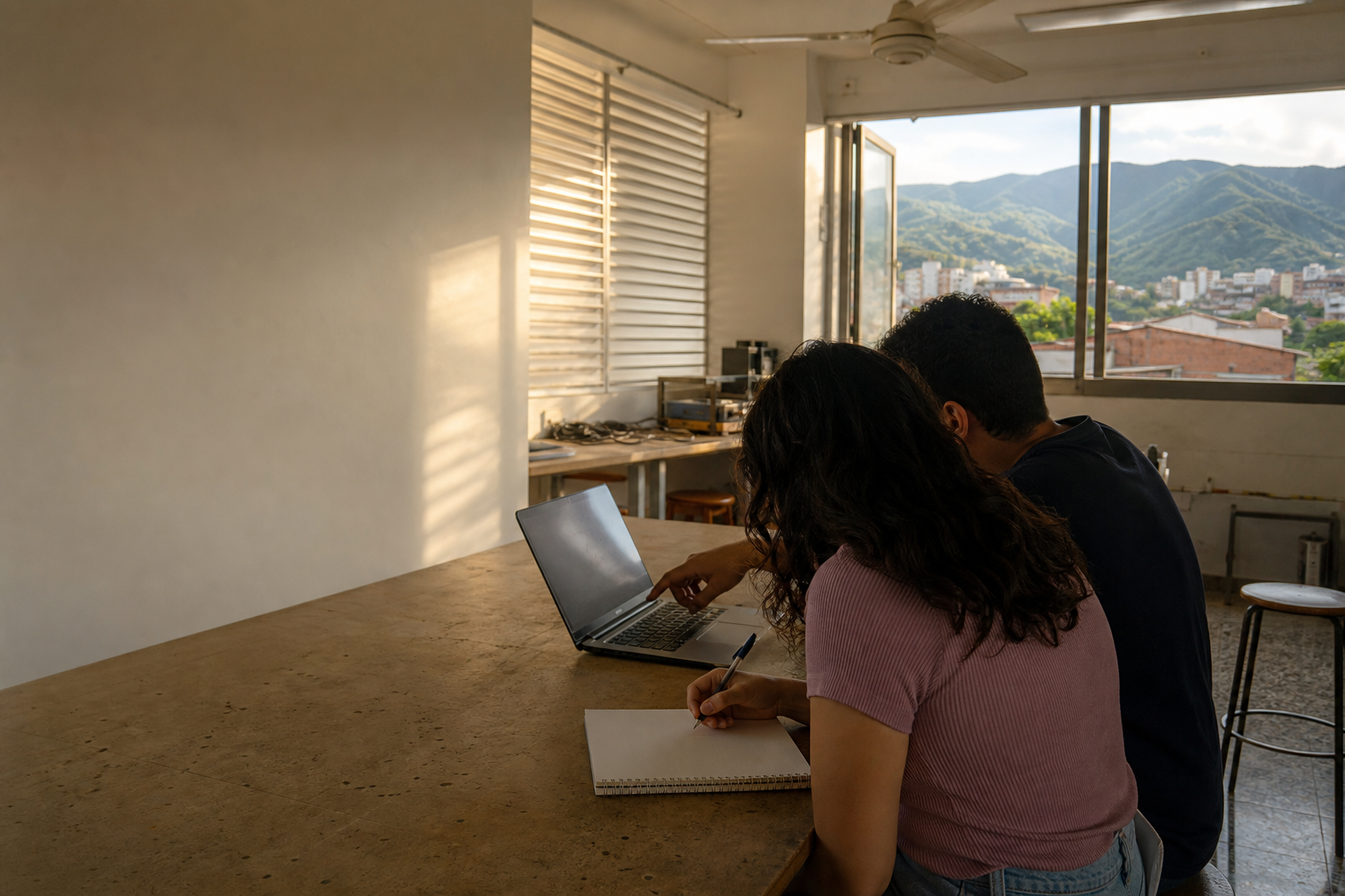 Escena conceptual de dos estudiantes adultos en un aula tecnológica, trabajando con un portátil y un cuaderno junto a una ventana con laderas verdes de Santander al fondo.