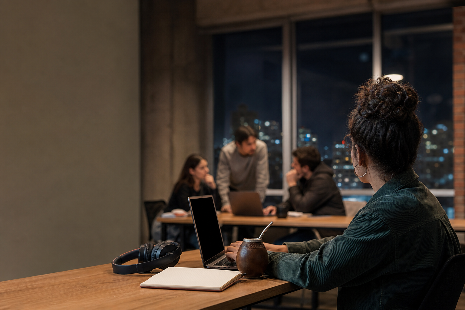 Aula de formación tecnológica en Buenos Aires con una estudiante adulta junto a una laptop apagada, un cuaderno y un mate, mientras otros alumnos y una docente trabajan al fondo.