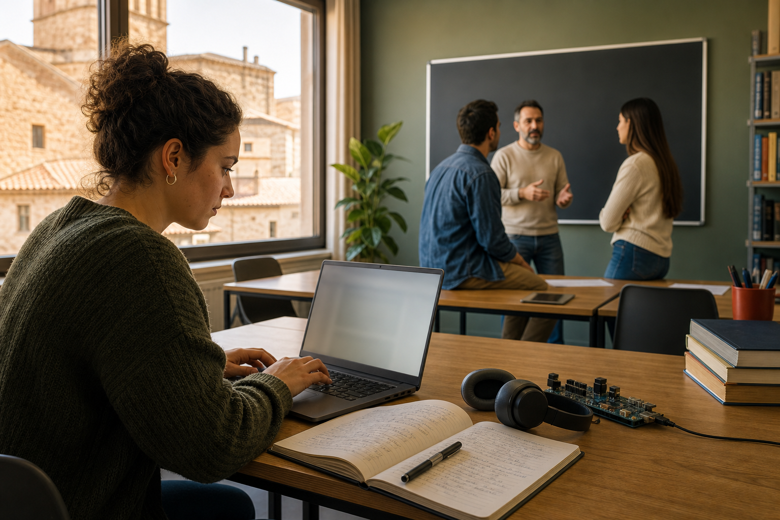 Ilustración editorial de una alumna estudiando con un portátil en un aula de Cáceres, mientras un pequeño grupo recibe formación presencial al fondo.