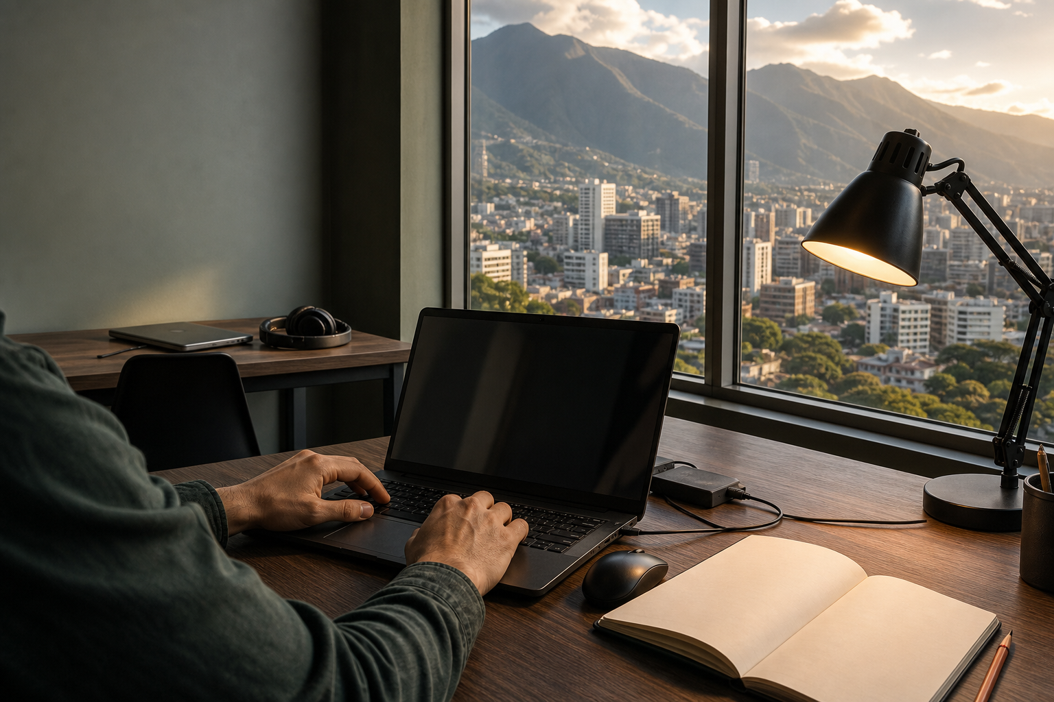 Escena editorial conceptual de una persona estudiando inteligencia artificial en un aula tecnológica de Caracas, con un puesto online vacío y la silueta de las montañas de la ciudad al fondo.