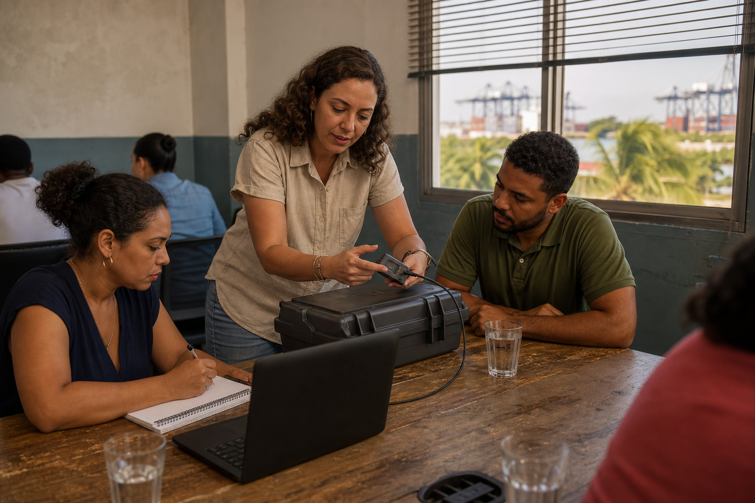Recreación conceptual de un taller de inteligencia artificial aplicada a la logística en Cartagena, con estudiantes adultos, un portátil y un sensor industrial; al fondo se ven grúas portuarias desenfocadas.