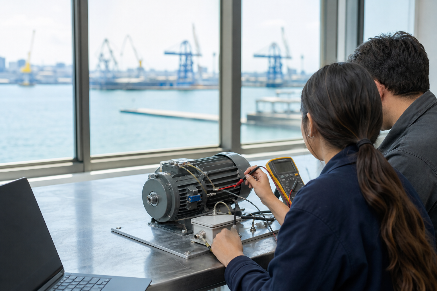 Dos estudiantes adultos trabajan con sensores y un pequeño motor en un aula-taller, con un puerto mediterráneo desenfocado al fondo, en una escena representativa de la formación en IA aplicada en Cartagena.