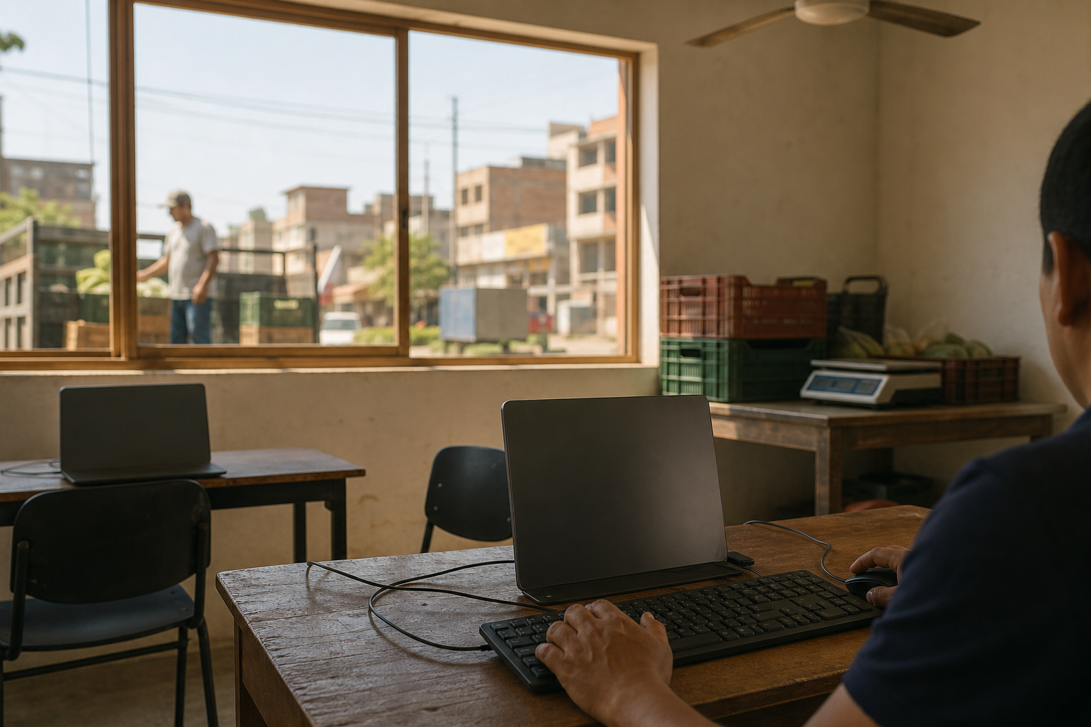 Escena editorial conceptual inspirada en Chiclayo: una persona adulta, vista de espaldas, aprende frente a un portátil en un aula tecnológica; la luz costera, las fachadas bajas y unas cajas agrícolas sugieren el contexto local.