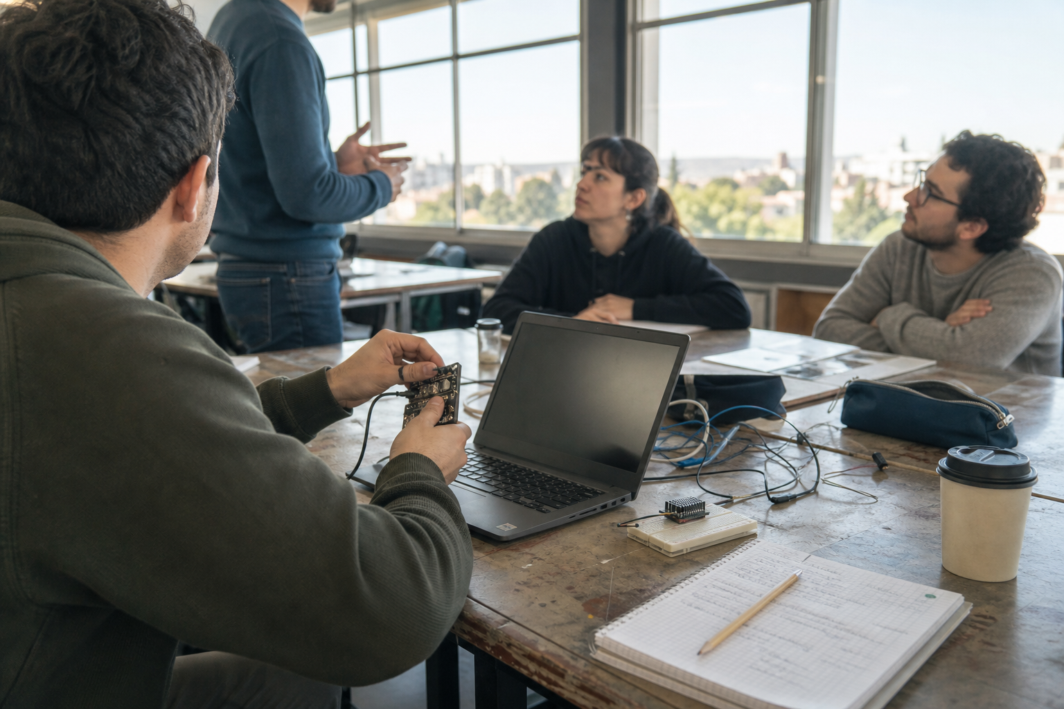 Personas adultas anónimas realizan una práctica de inteligencia artificial en un aula tecnológica, con un portátil, sensores y cuadernos sobre la mesa y la ciudad de Córdoba desenfocada al fondo.