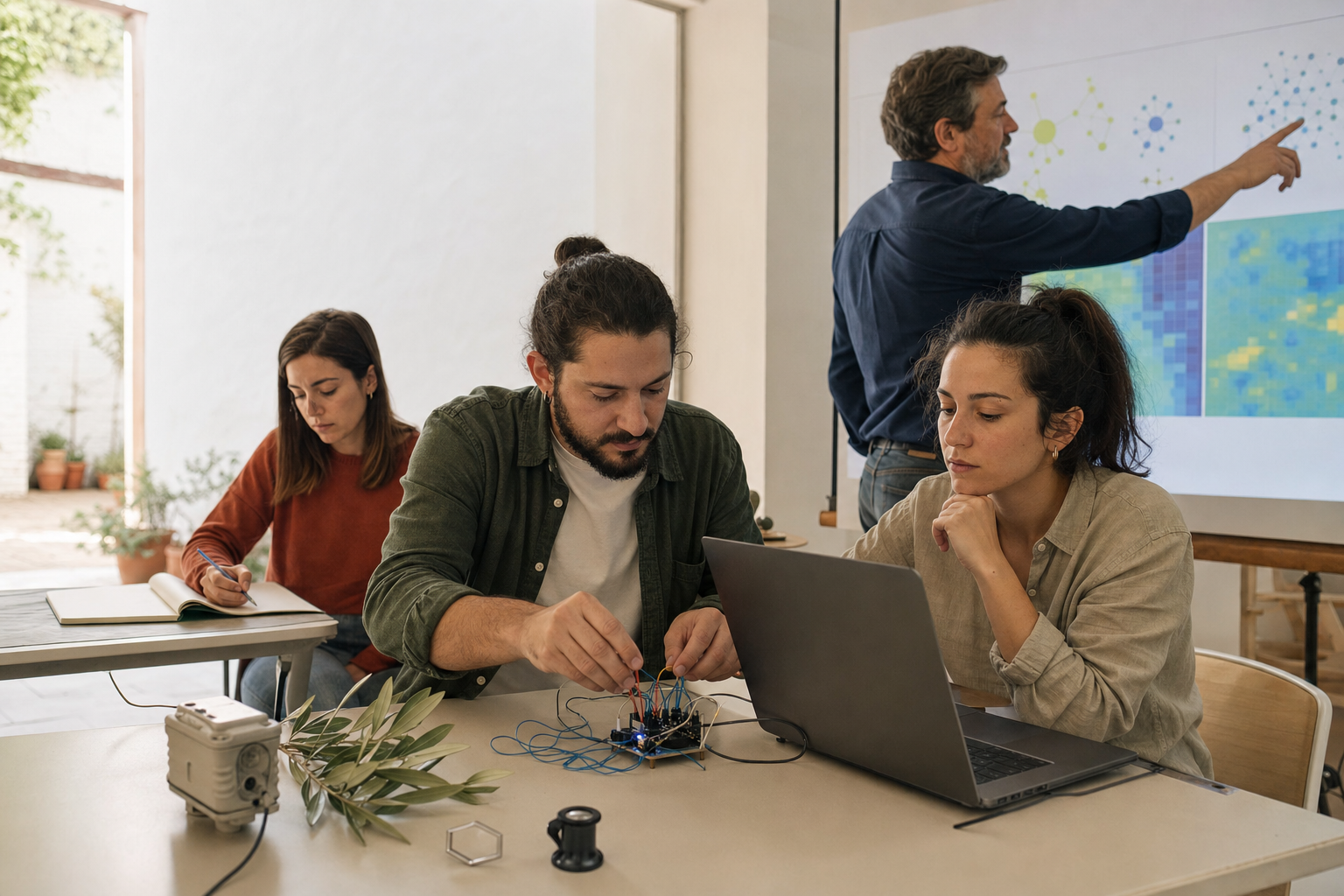 Estudiantes adultos trabajan con un sensor agrícola y herramientas de análisis en un aula-taller inspirada en Córdoba.