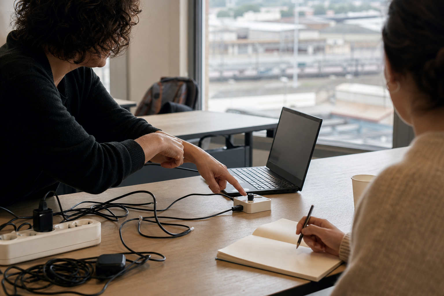 Dos personas adultas colaboran en un aula-taller de inteligencia artificial ante un portátil y un pequeño sensor, con un entorno urbano-industrial desenfocado al fondo.