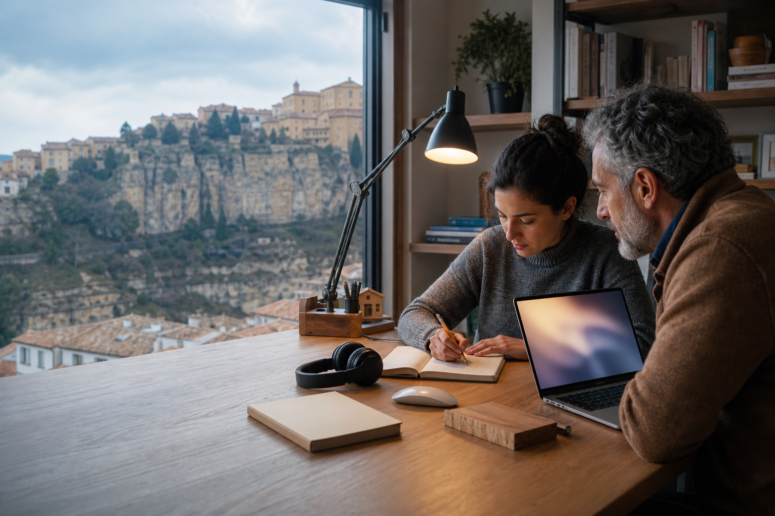Dos adultos estudian con un portátil y un cuaderno en una sala con vistas a las laderas y los tejados de Cuenca.