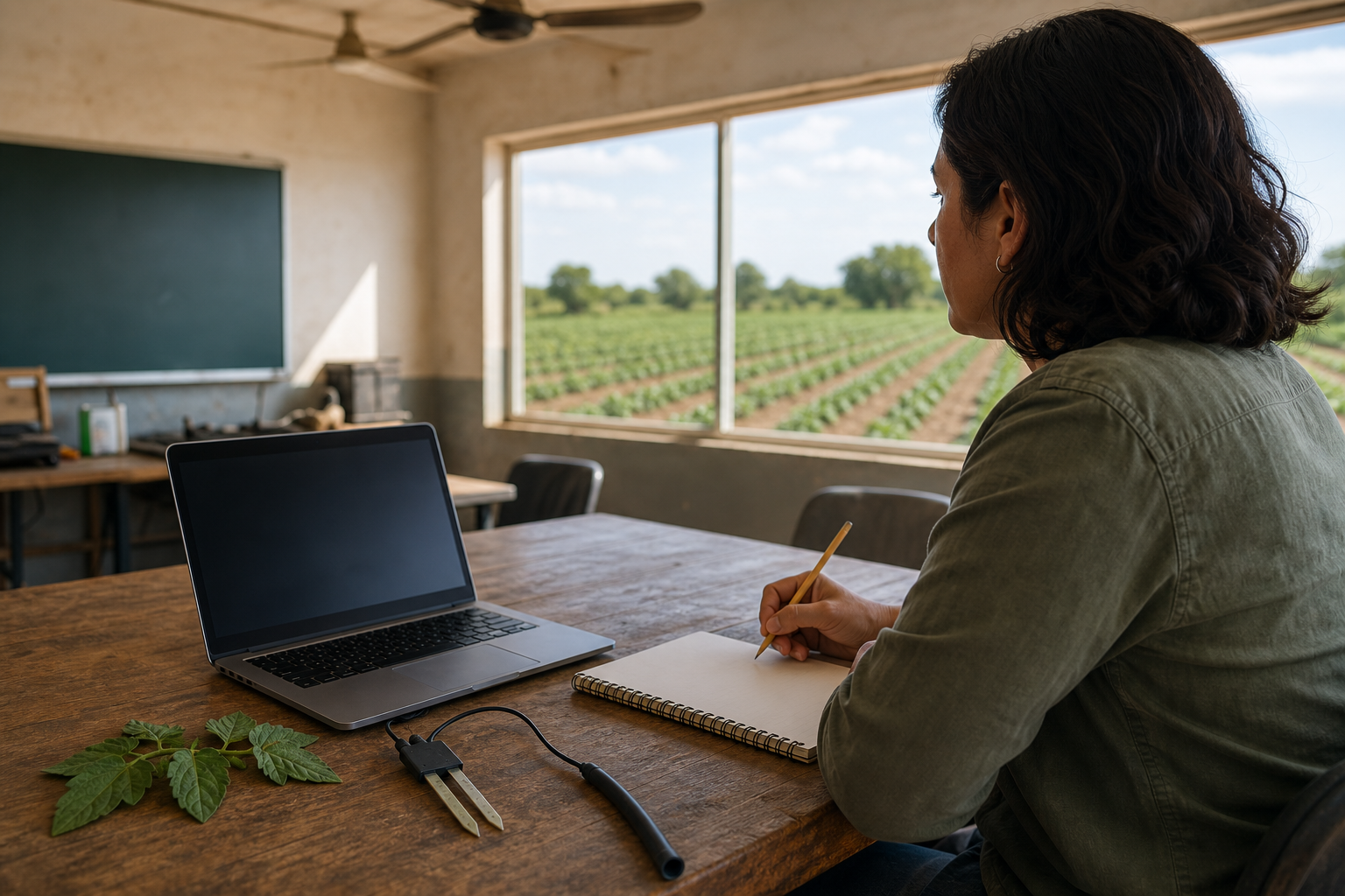 Concepto editorial de una persona aprendiendo inteligencia artificial junto a un sensor agrícola y plantas de hortaliza, como metáfora de la formación presencial y en línea en Culiacán.