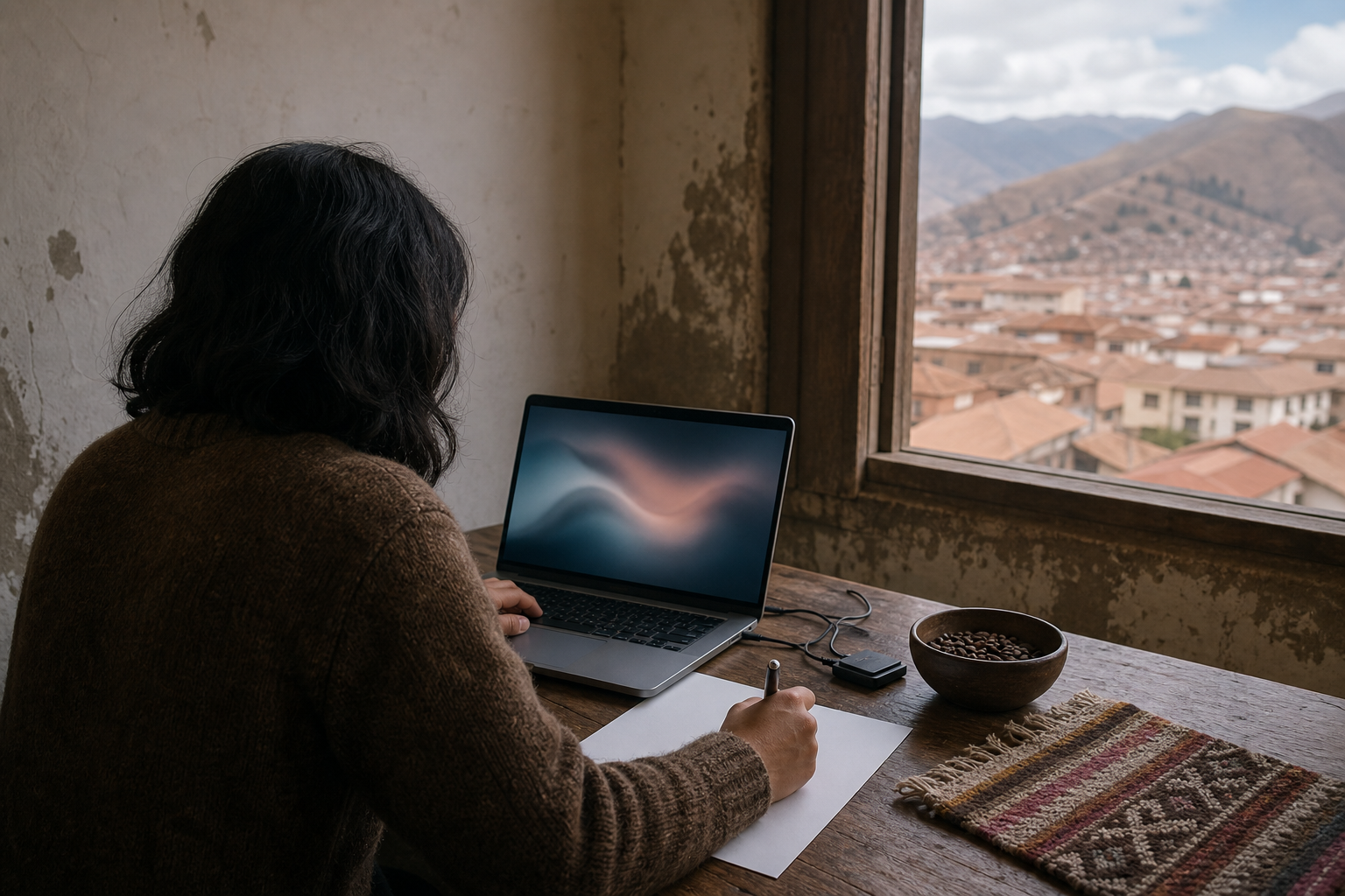 Escena conceptual de una persona estudiante, sin rasgos identificables, trabajando con una laptop en un aula tecnológica de Cusco, junto a una muestra textil y granos de café, con montañas al fondo.