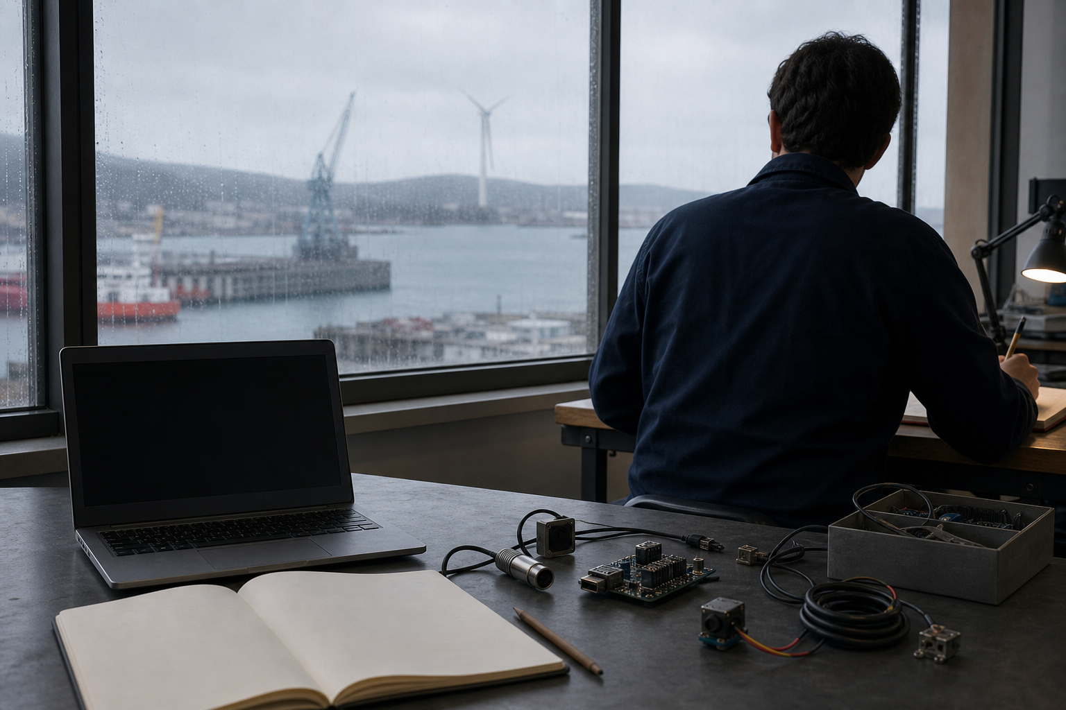 Escena conceptual de una persona adulta aprendiendo inteligencia artificial en un aula-taller, con sensores y un paisaje industrial portuario al fondo.