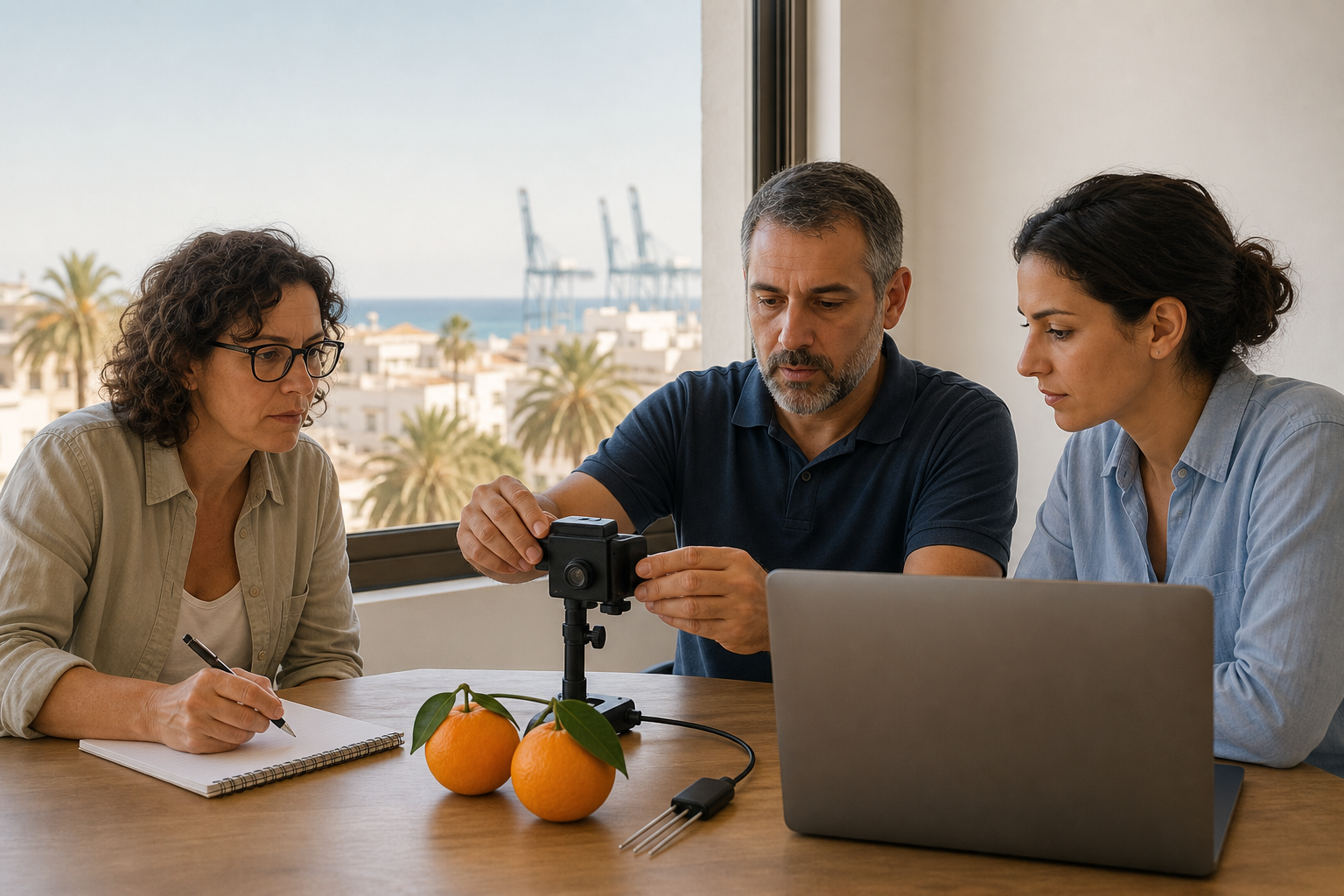 Escena conceptual de tres personas adultas aprendiendo IA con un portátil y una cámara enfocada a unas naranjas, en un entorno mediterráneo.