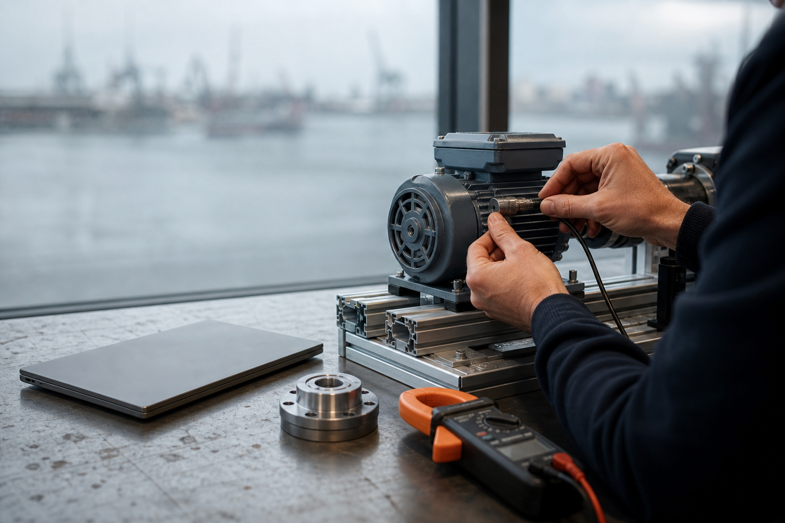 Persona adulta, vista de espaldas, conecta un sensor a un pequeño motor industrial en una mesa de prácticas, con una silueta portuaria que evoca Gijón al fondo.