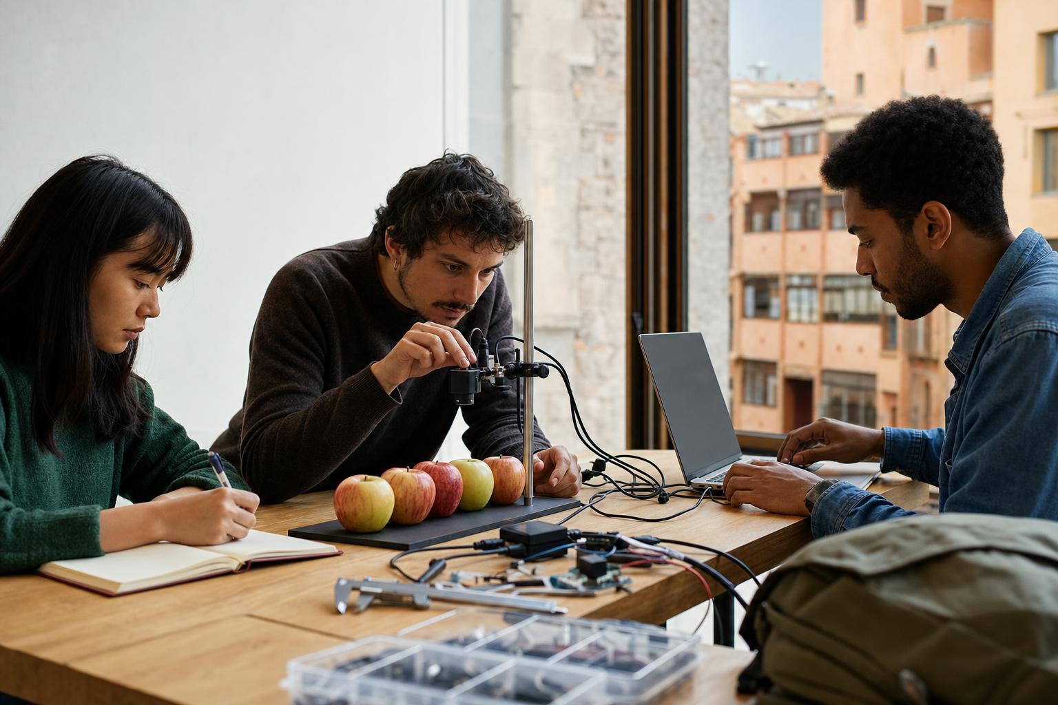 Tres personas adultas trabajan con un módulo de visión artificial y manzanas en una sala de estudio de ambiente mediterráneo.
