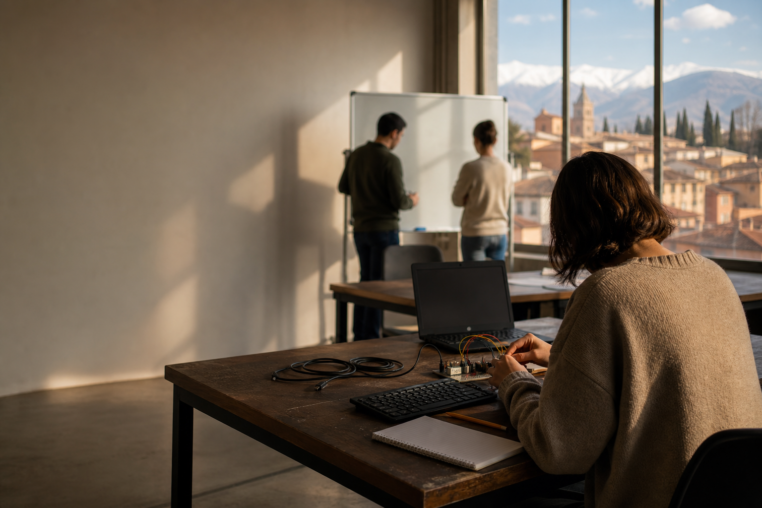 Concepto editorial: una persona adulta, vista de espaldas, trabaja en un aula-laboratorio con un ordenador y material de aprendizaje, mientras los tejados de Granada y Sierra Nevada aparecen al fondo.