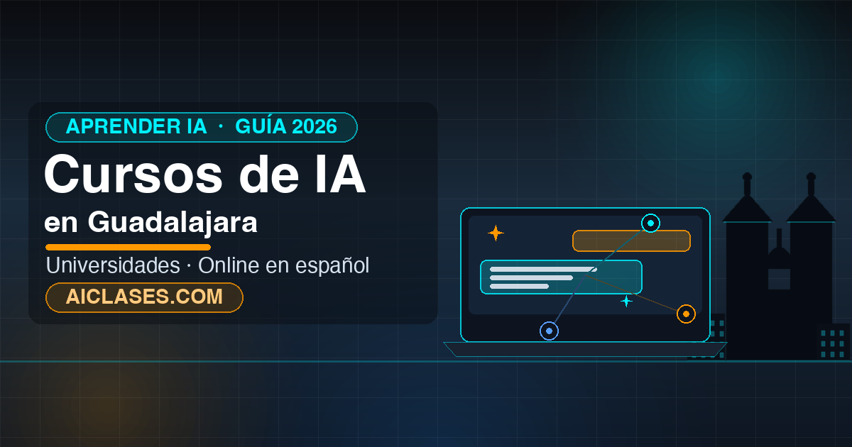 Cursos de IA en Guadalajara: ilustración de una laptop con un asistente de IA y la silueta de la Catedral de Guadalajara.