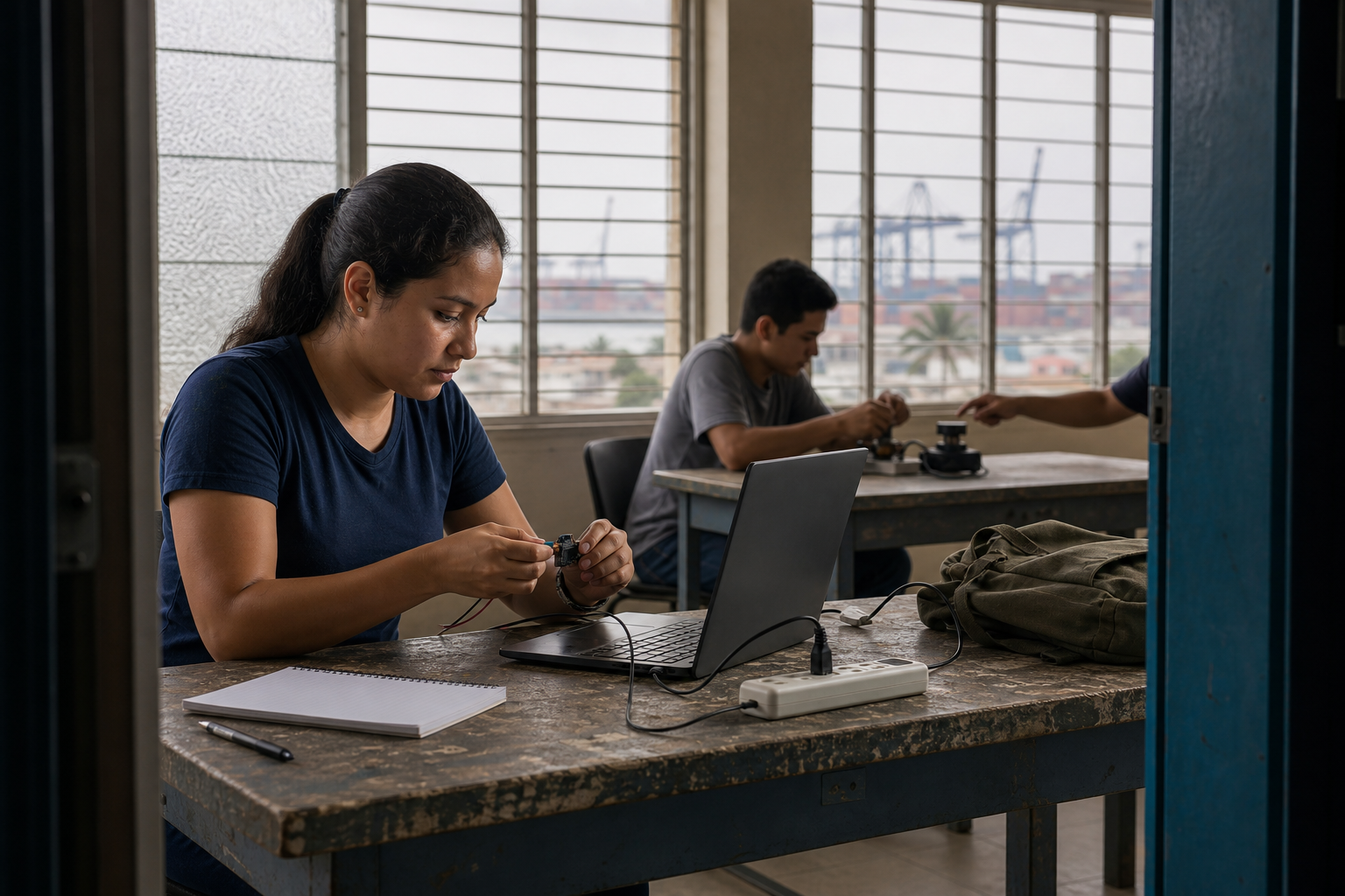 Escena editorial ilustrativa de una persona adulta aprendiendo inteligencia artificial en un aula de Guayaquil, con un portátil, un módulo de sensor y un cuaderno sin texto visible; al fondo se distinguen grúas portuarias desenfocadas.