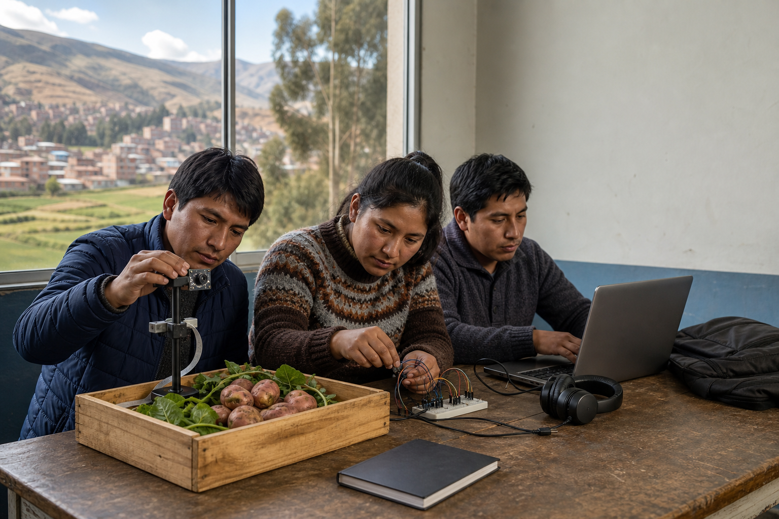 Ilustración conceptual de tres estudiantes adultos que practican visión por computadora con una cámara, un portátil, papas y hojas en un aula de entorno andino.