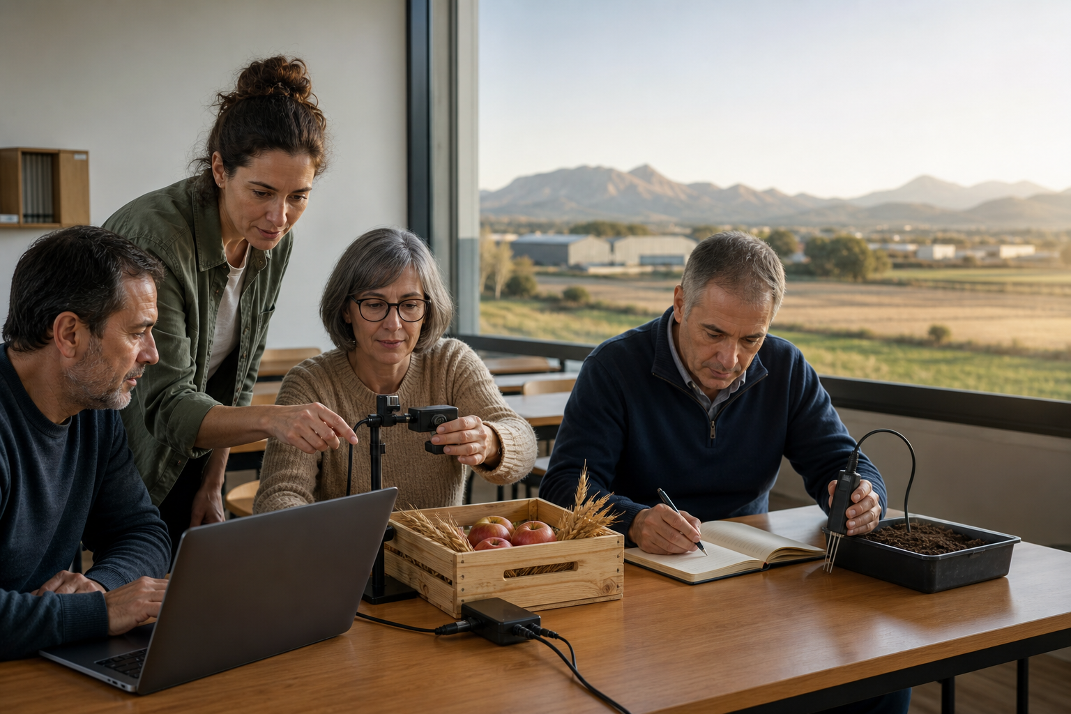 Ilustración conceptual de un taller de IA en Huesca, con alumnado adulto probando una cámara y un sensor agrícola ante un paisaje de campos y estribaciones pirenaicas.